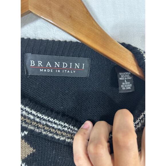 Vintage Brandini Sweater Large Black White Tan Argyle Crew Neck Wool Blend Italy - Picture 6 of 9